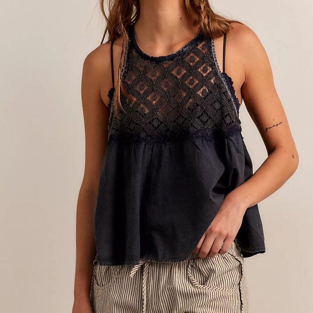 Free People Wandering Light Blouse Top Lace Cutout Sleeveless Cotton M 291092